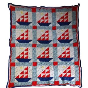 Vintage Handmade Sailboats Afghan Nautical Granny Square Red White Blue 52x40 In